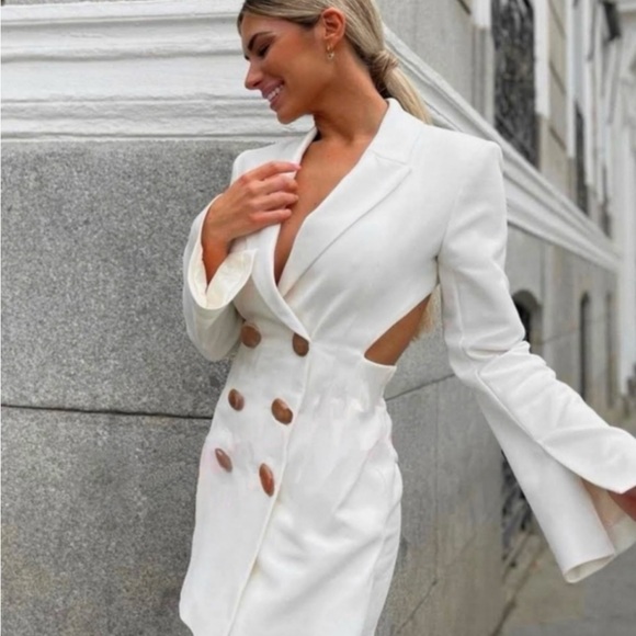 Zara Size L NWT Ivory Long Sleeve Back Vent Blazer Jumpsuit Romper (0432) - Picture 5 of 15